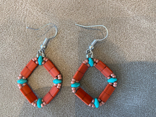 Orange Tile and turquoise Bead Earrings