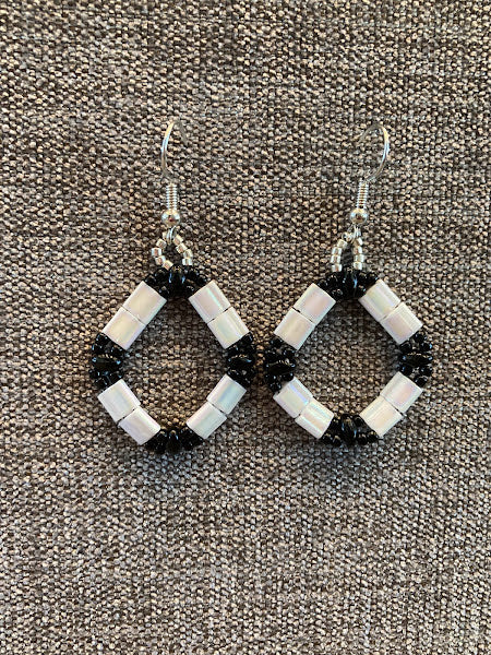 White Tile with Black Beads Earrings